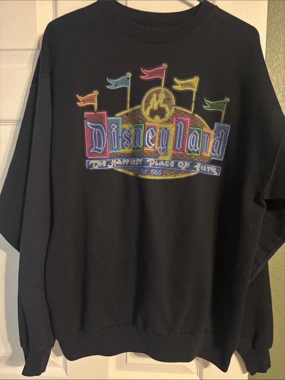 Hanes Black Crewneck Sweatshirt with Colorful Disneyland Logo and Flags